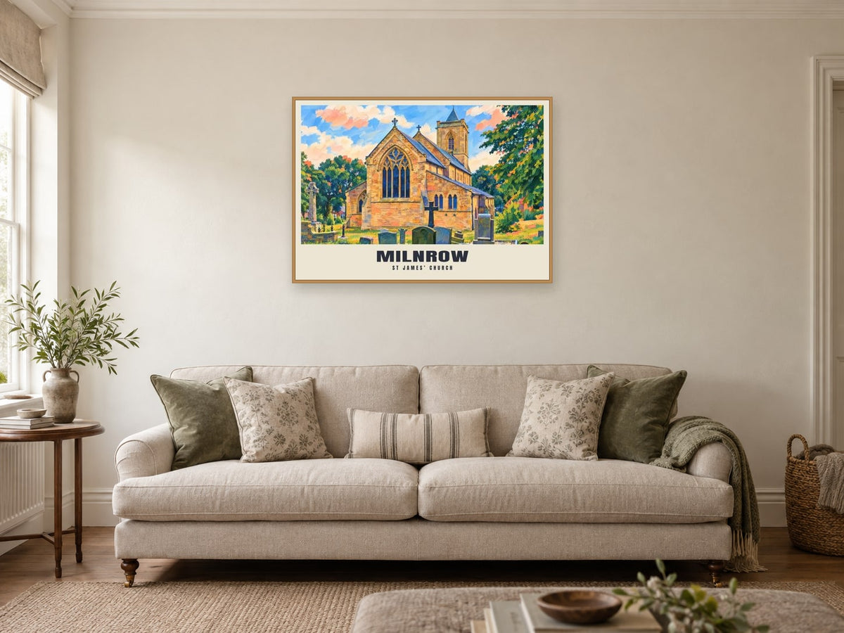 St James’ Church, Milnrow Poster at A1, in a natural wood frame, in a sitting room
