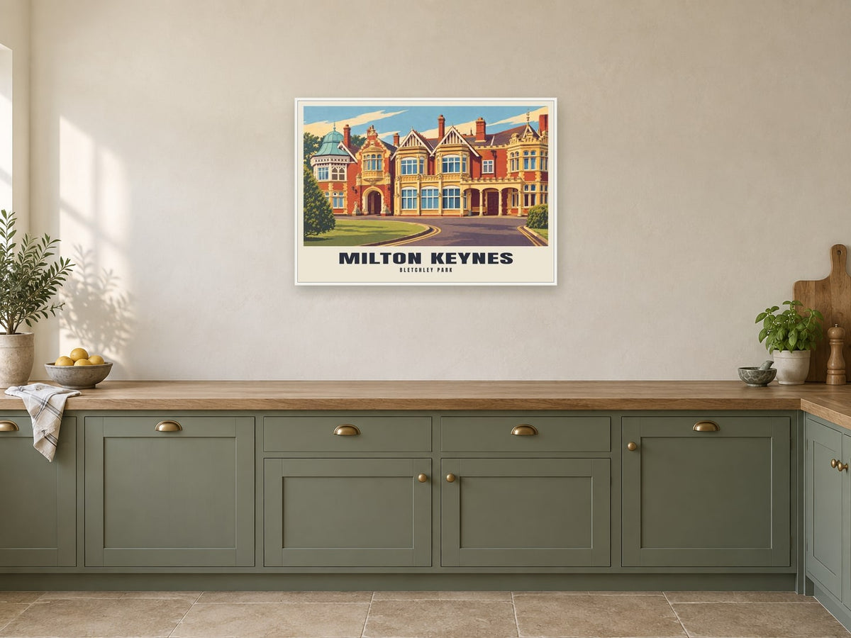 Bletchley Park, Milton Keynes Poster at A1, in a white frame, in a kitchen