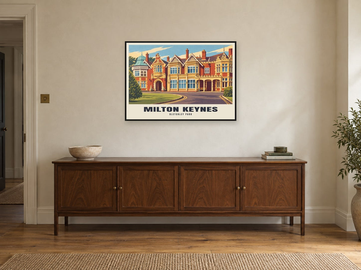 Bletchley Park, Milton Keynes Poster at A1, in a black frame, above a sideboard
