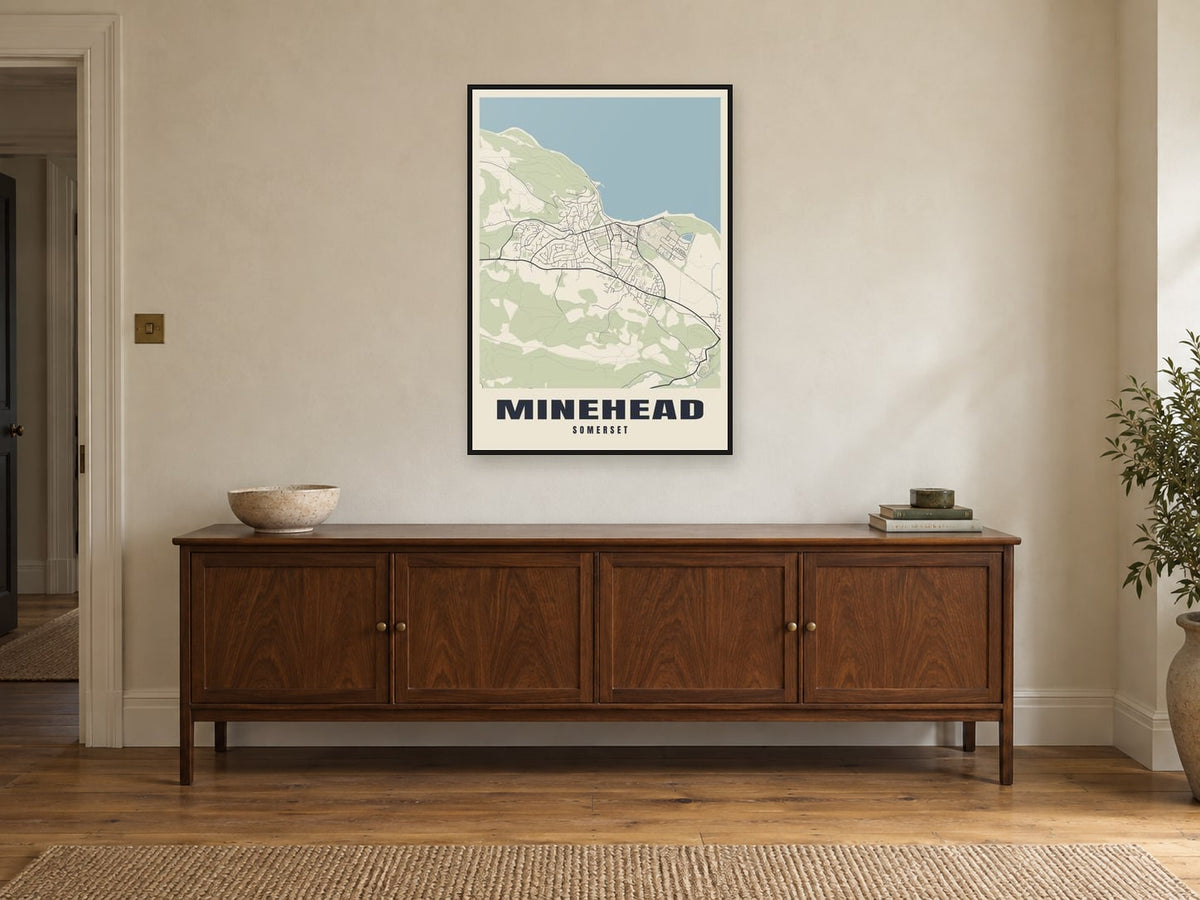 Minehead Street Map Poster at A1, in a black frame, above a sideboard