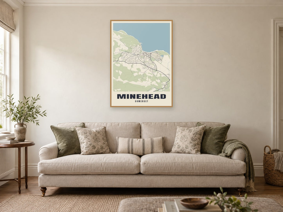 Minehead Street Map Poster at A1, in a natural wood frame, in a sitting room
