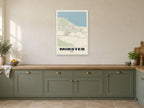 Minster Street Map Poster at A1, in a white frame, in a kitchen