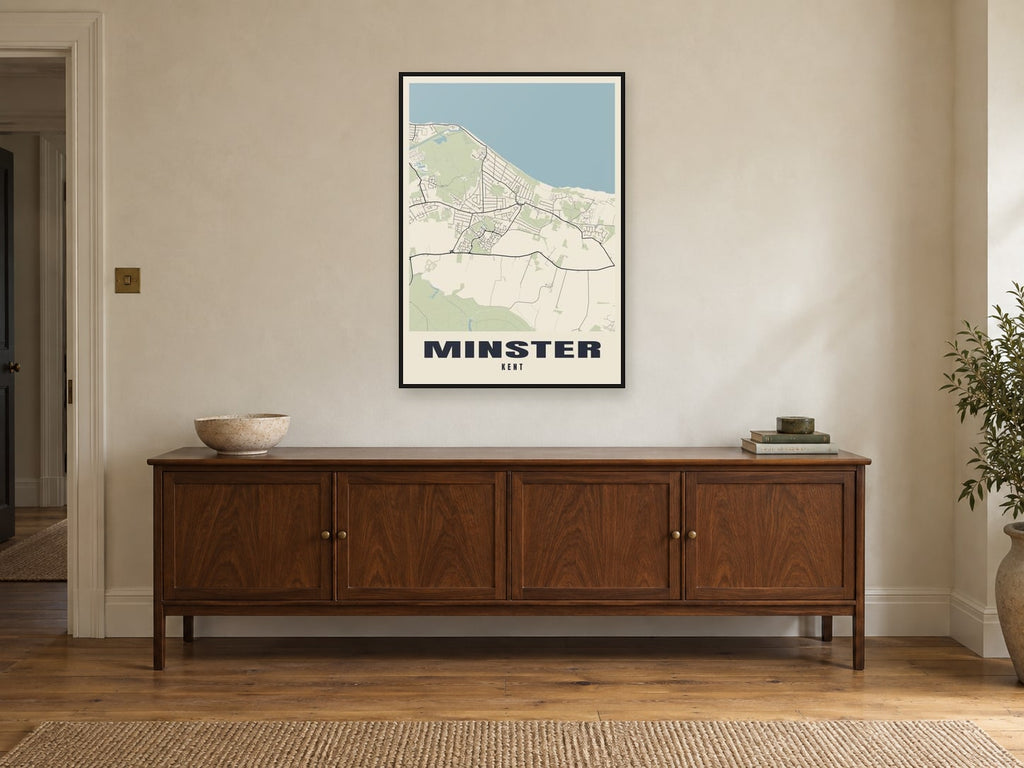 Minster Street Map Poster at A1, in a black frame, above a sideboard