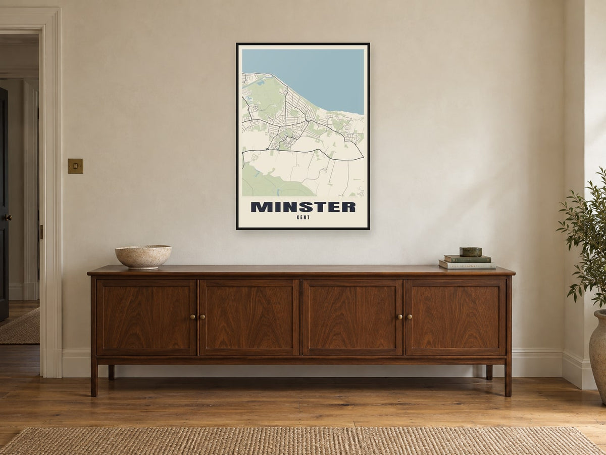 Minster Street Map Poster at A1, in a black frame, above a sideboard