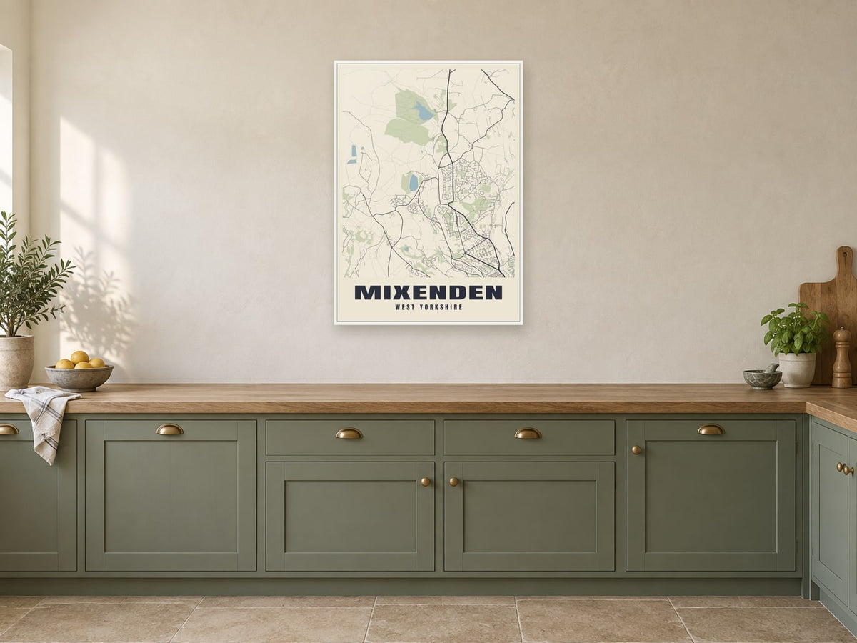 Mixenden Street Map Poster at A1, in a white frame, in a kitchen