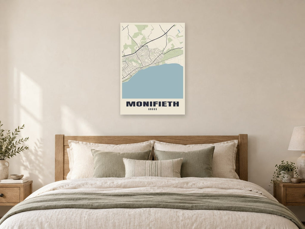 Monifieth Street Map Poster at A1, as a poster, above a bed