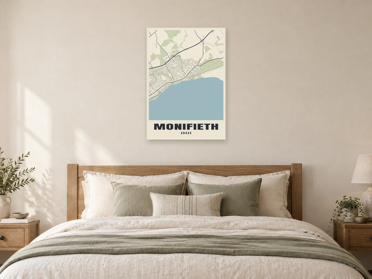 Monifieth Street Map Poster at A1, as a poster, above a bed