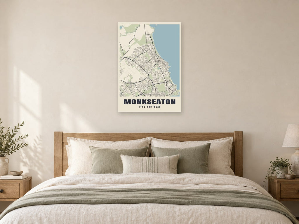 Monkseaton Street Map Poster at A1, as a poster, above a bed