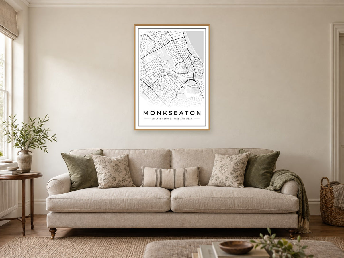 Monkseaton Village Centre Street Map Poster at A1, in a natural wood frame, in a sitting room