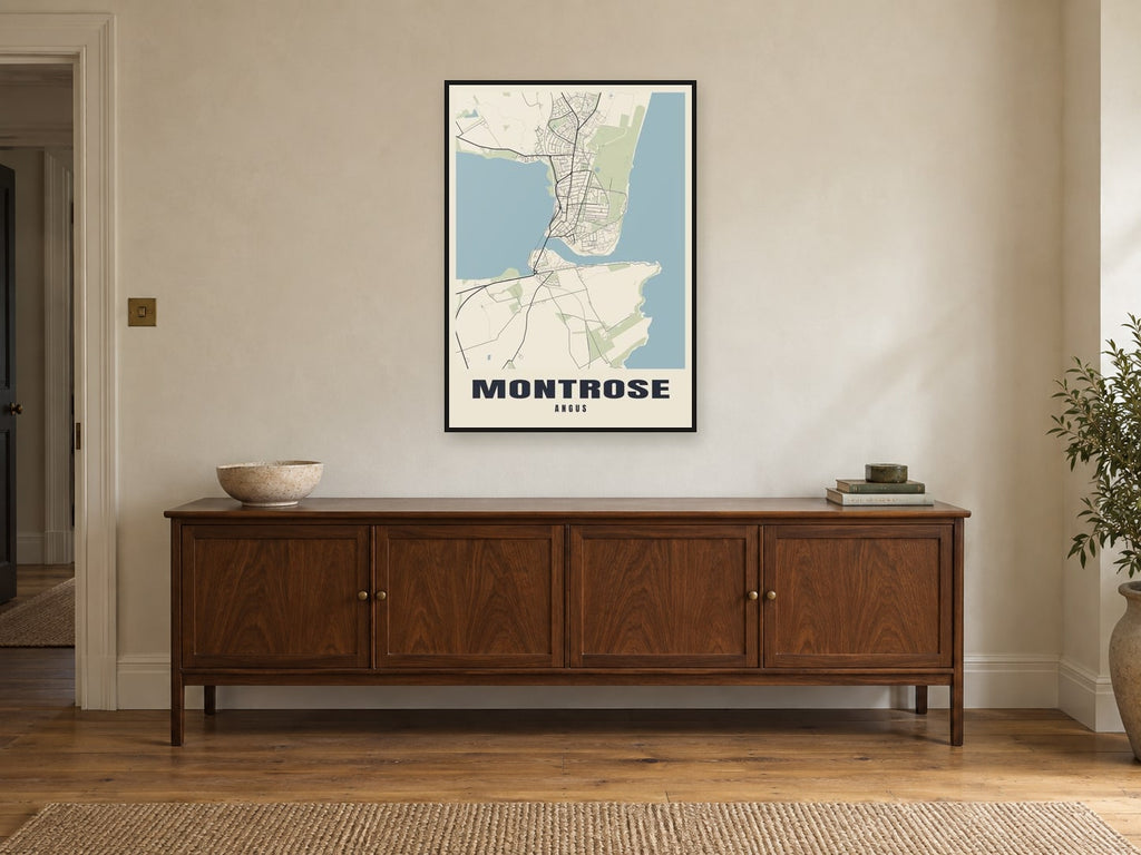 Montrose Street Map Poster at A1, in a black frame, above a sideboard