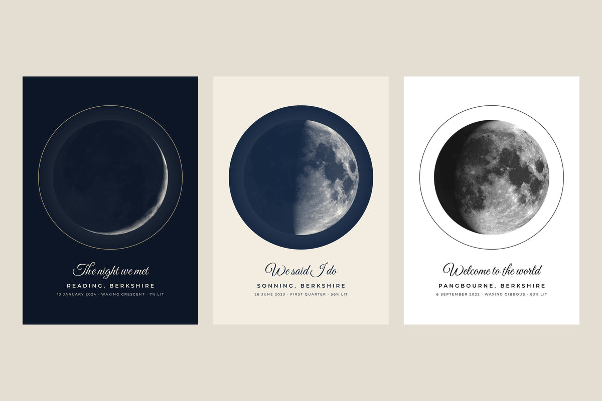 Three moon phase posters: a crescent over Reading in Midnight, a first quarter over Sonning in Harbour and a waxing gibbous over Pangbourne in Ink