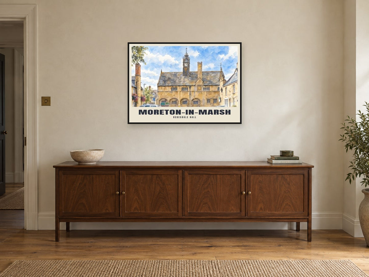 Redesdale Hall, Moreton-in-Marsh Poster at A1, in a black frame, above a sideboard