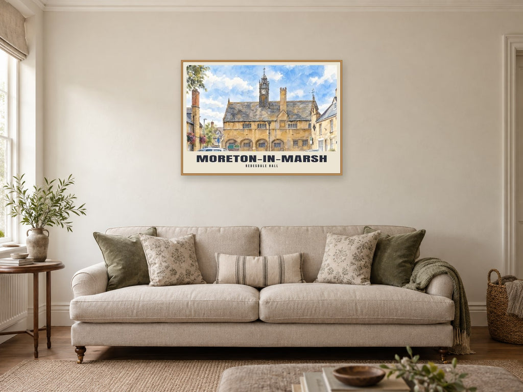 Redesdale Hall, Moreton-in-Marsh Poster at A1, in a natural wood frame, in a sitting room