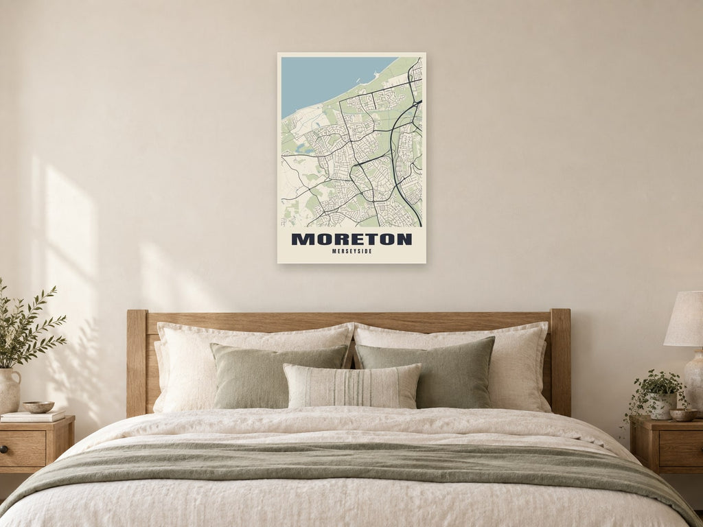 Moreton Street Map Poster at A1, as a poster, above a bed