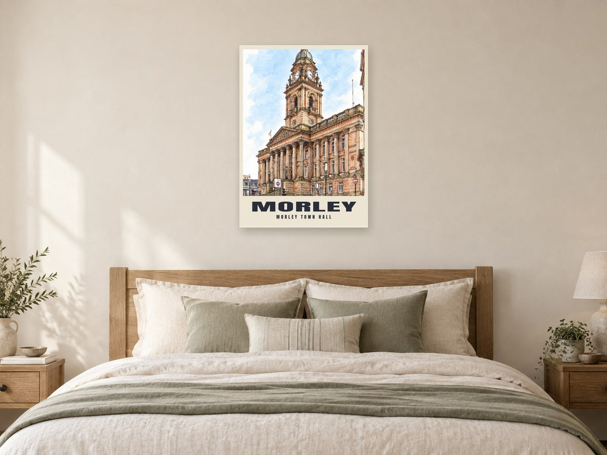 Morley Town Hall Poster at A1, as a poster, above a bed