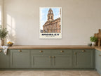 Morley Town Hall Poster at A1, in a white frame, in a kitchen