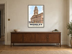 Morley Town Hall Poster at A1, in a black frame, above a sideboard