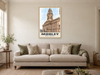 Morley Town Hall Poster at A1, in a natural wood frame, in a sitting room