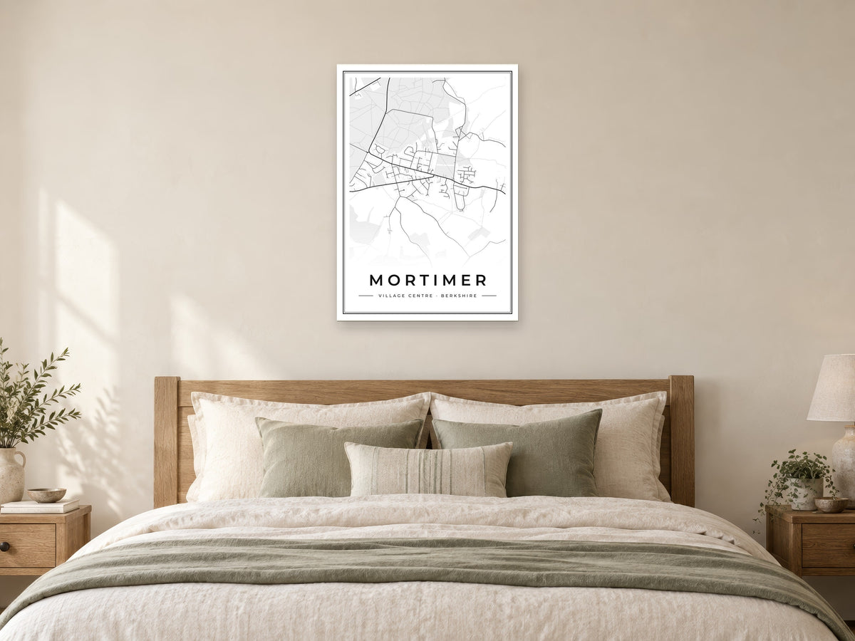 Mortimer Village Centre Street Map Poster at A1, as a poster, above a bed