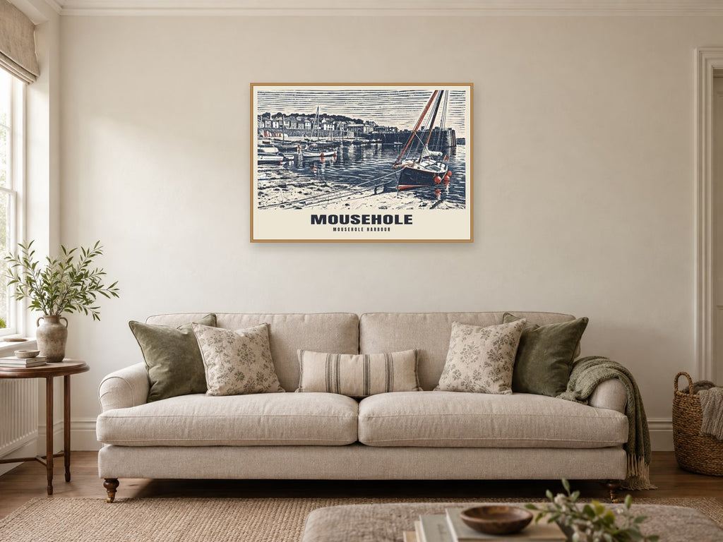Mousehole Harbour Poster at A1, in a natural wood frame, in a sitting room