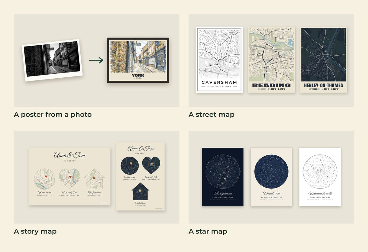 What a gift card buys: a poster from a photo, a street map, a story map or a star map