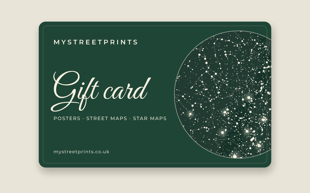 Here Looks Good gift card in the shop's green, with a star map of the night sky