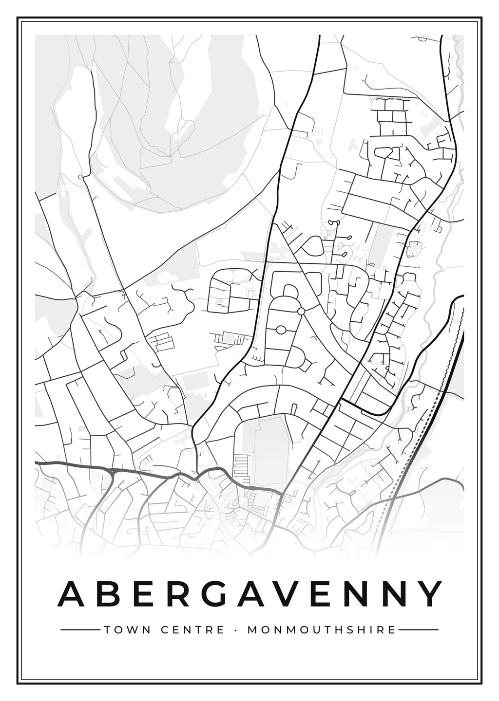 Street map poster of Abergavenny town centre, Monmouthshire