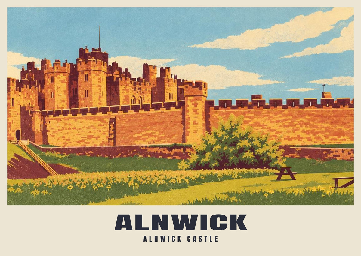 Alnwick Castle poster, Retro Railway style