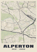 Heritage street map poster of Alperton, Brent, London