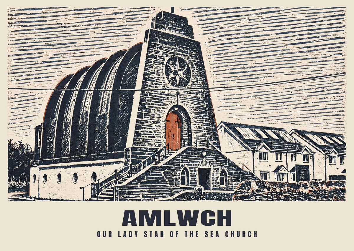 Our Lady Star of the Sea Church, Amlwch poster, Linocut style