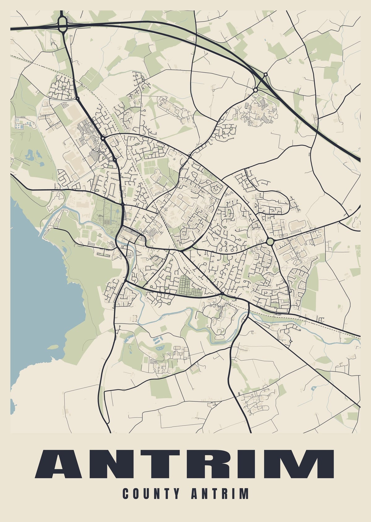 Street map poster of Antrim, County Antrim