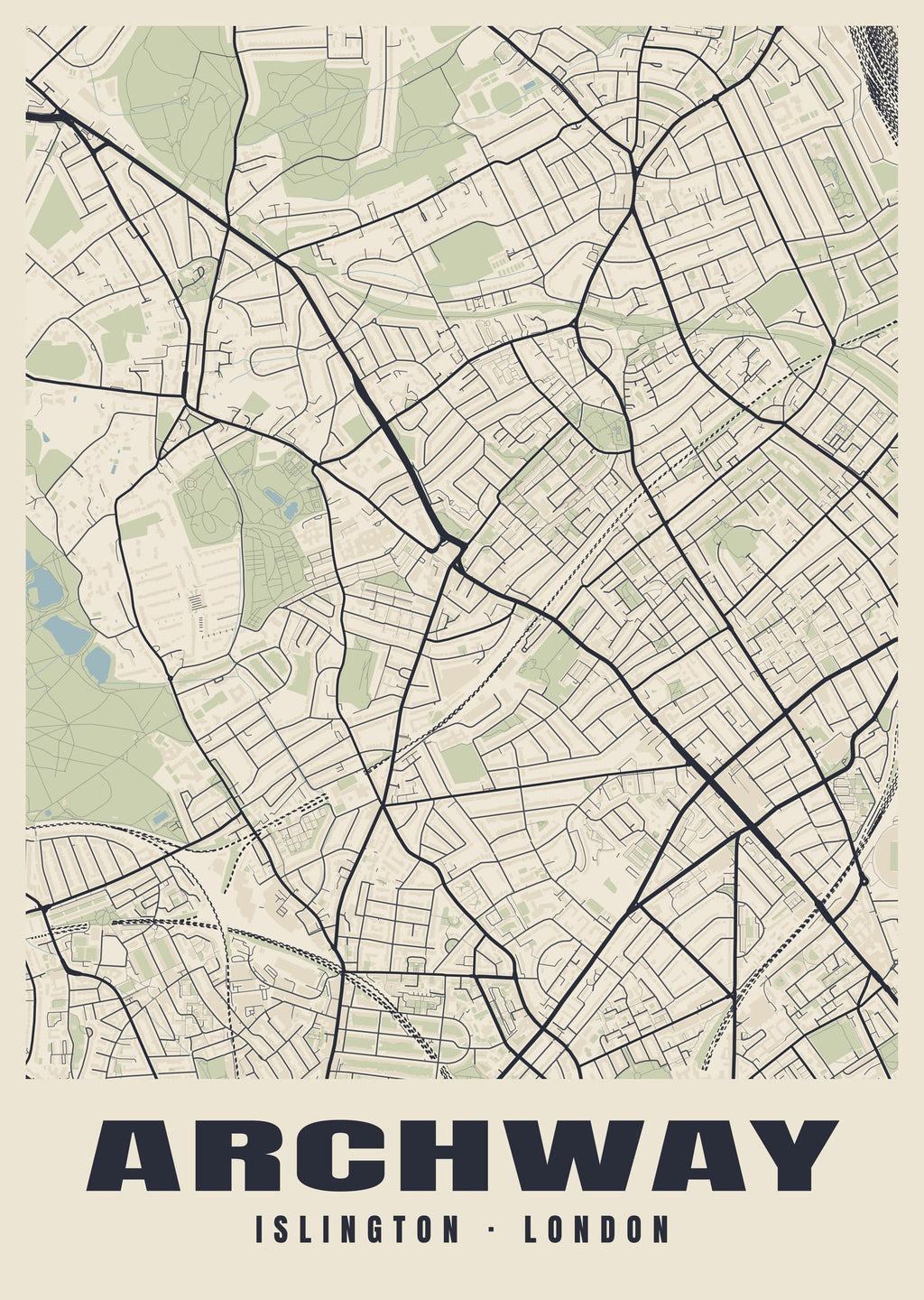 Heritage street map poster of Archway, Islington, London