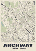 Heritage street map poster of Archway, Islington, London