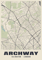 Heritage street map poster of Archway, Islington, London