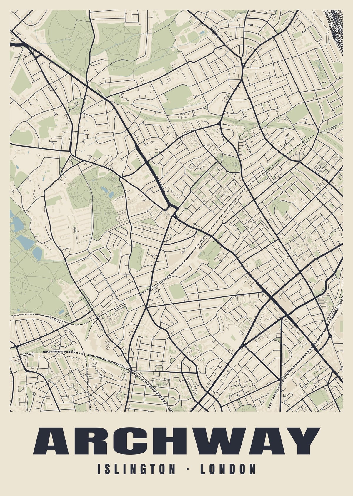 Heritage street map poster of Archway, Islington, London