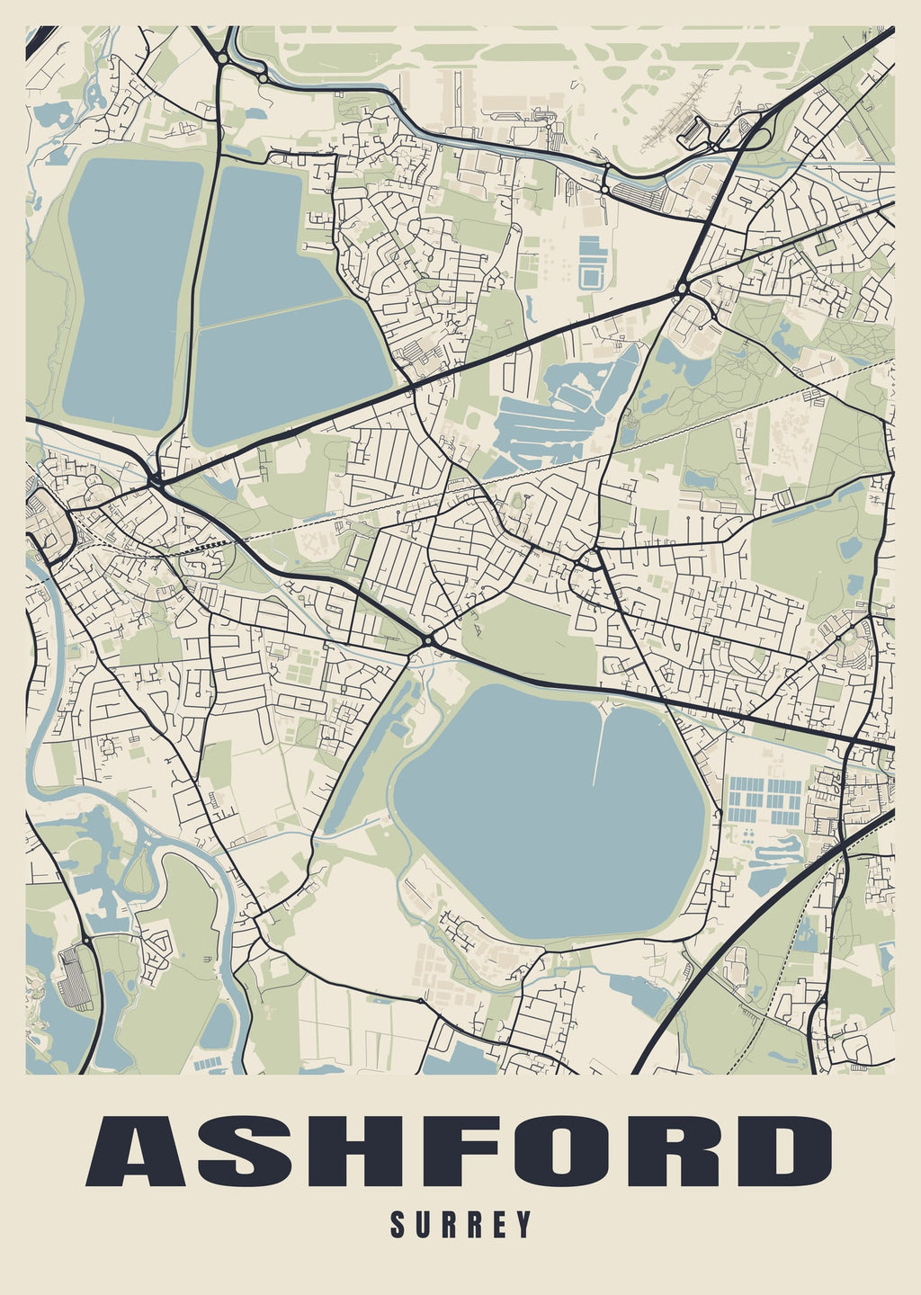 Street map poster of Ashford, Surrey