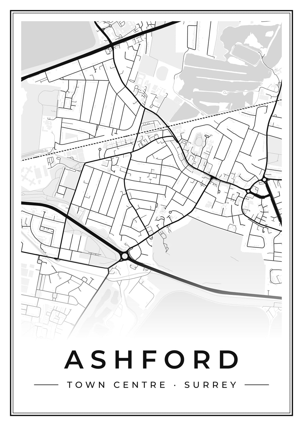 Street map poster of Ashford town centre, Surrey