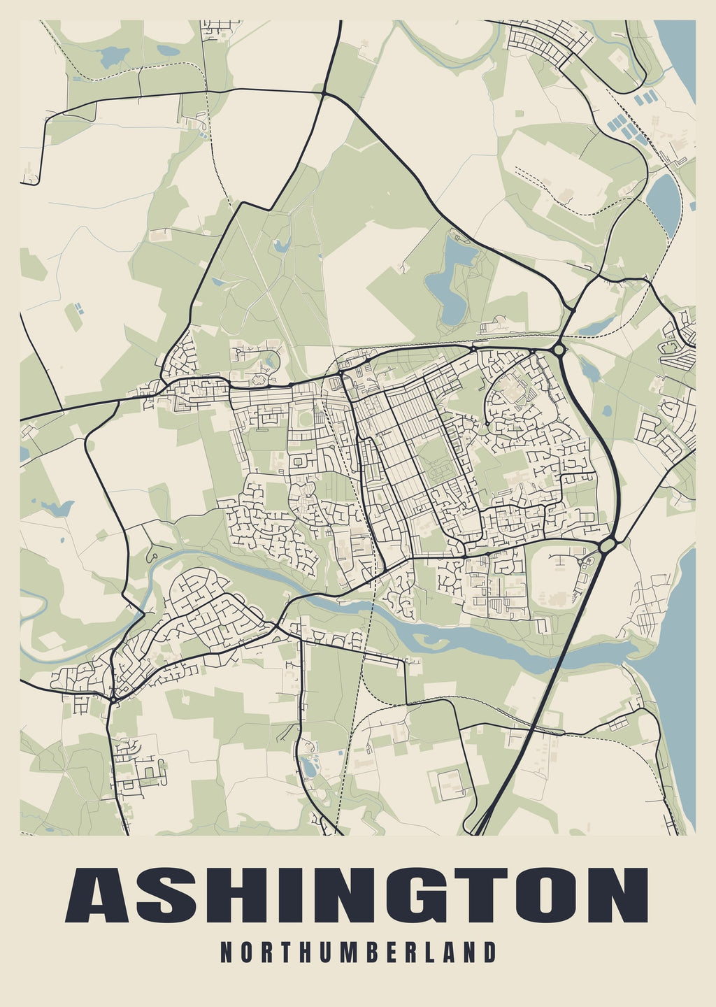 Street map poster of Ashington, Northumberland