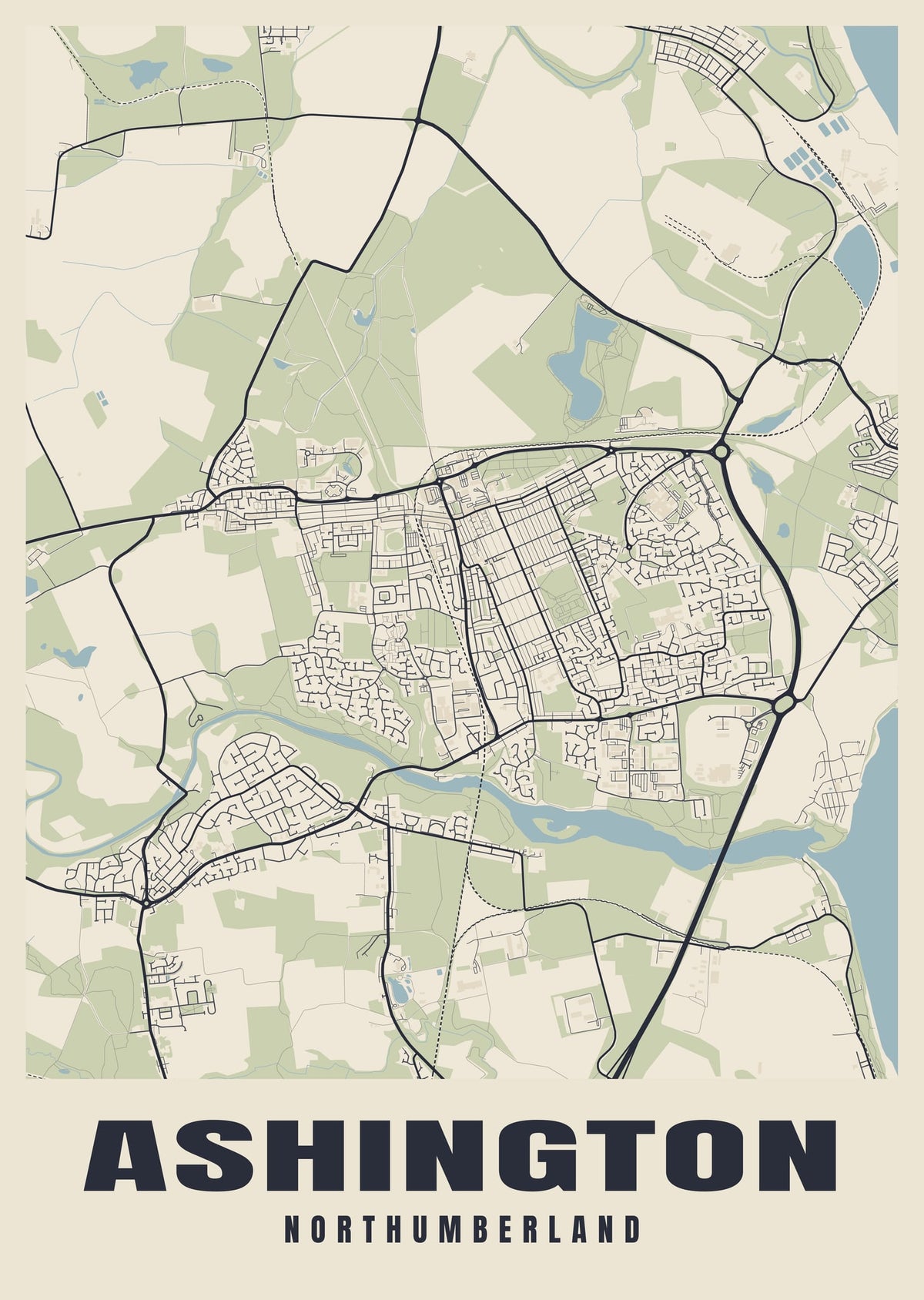Street map poster of Ashington, Northumberland
