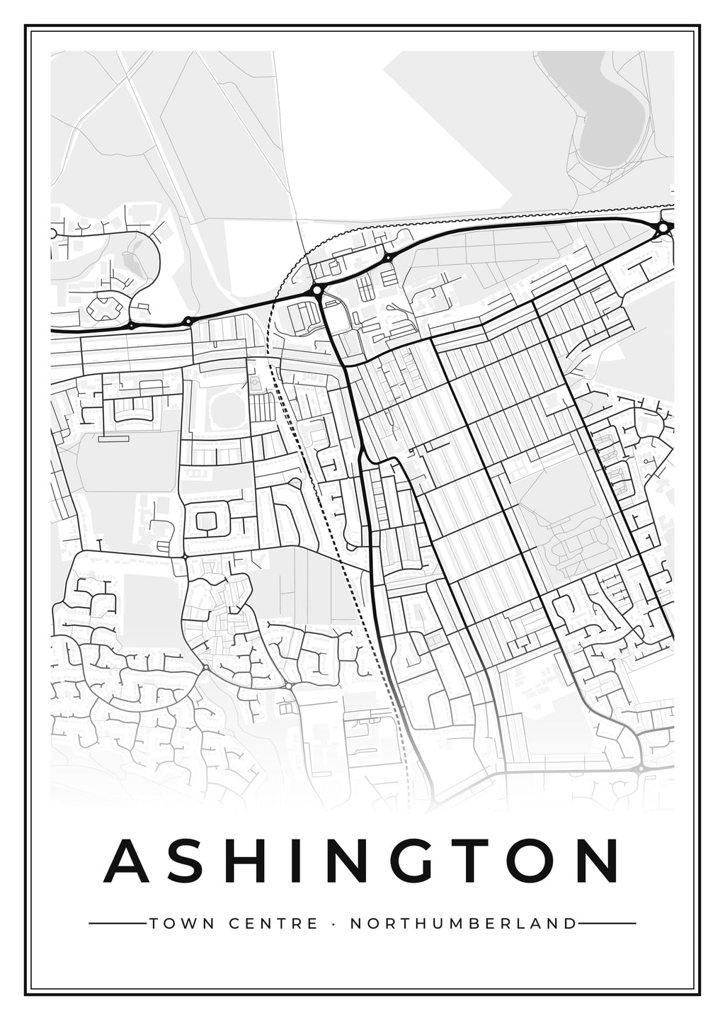 Street map poster of Ashington town centre, Northumberland