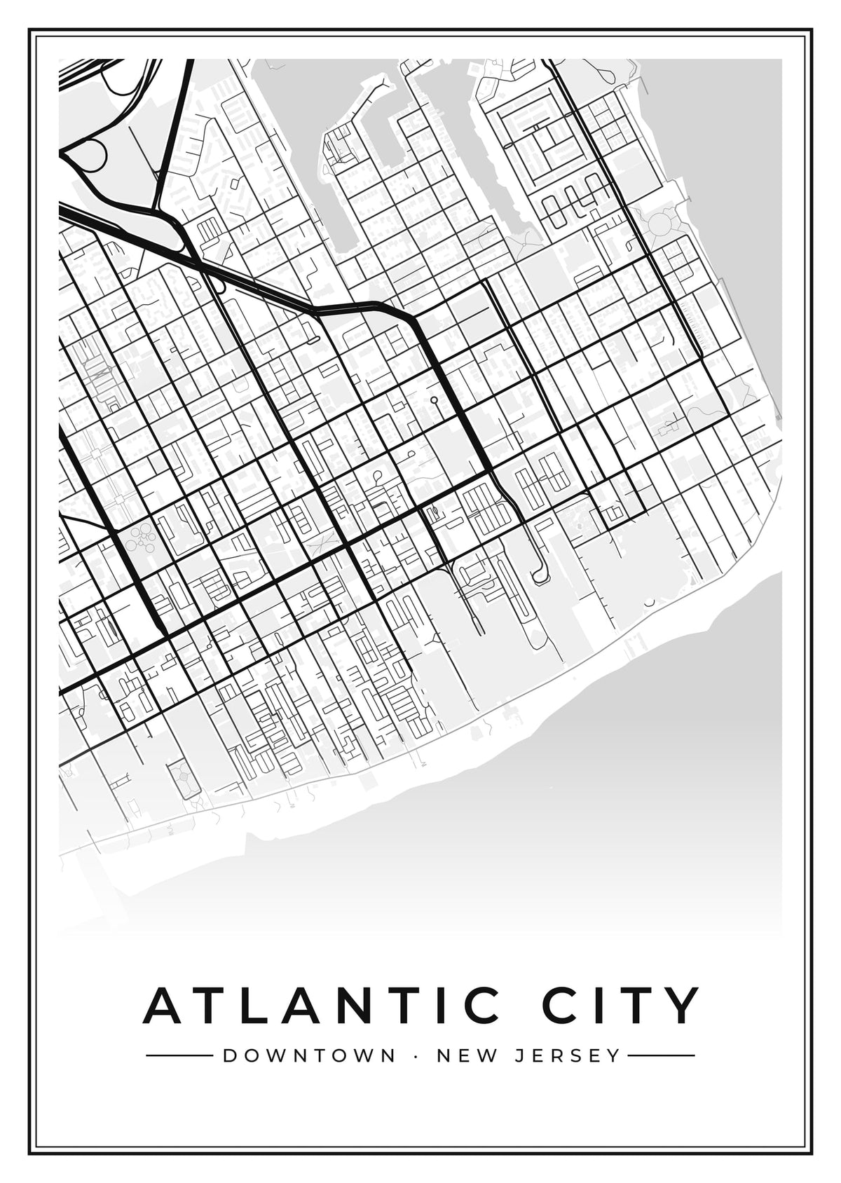 Street map poster of downtown Atlantic City, New Jersey
