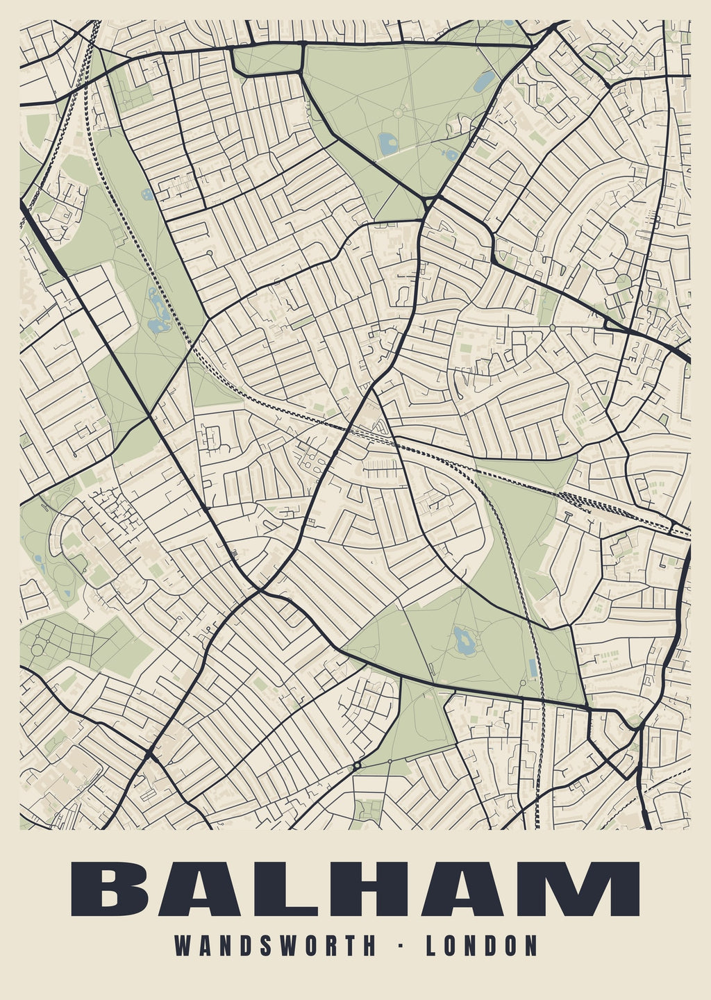 Heritage street map poster of Balham, Wandsworth, London