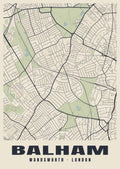 Heritage street map poster of Balham, Wandsworth, London