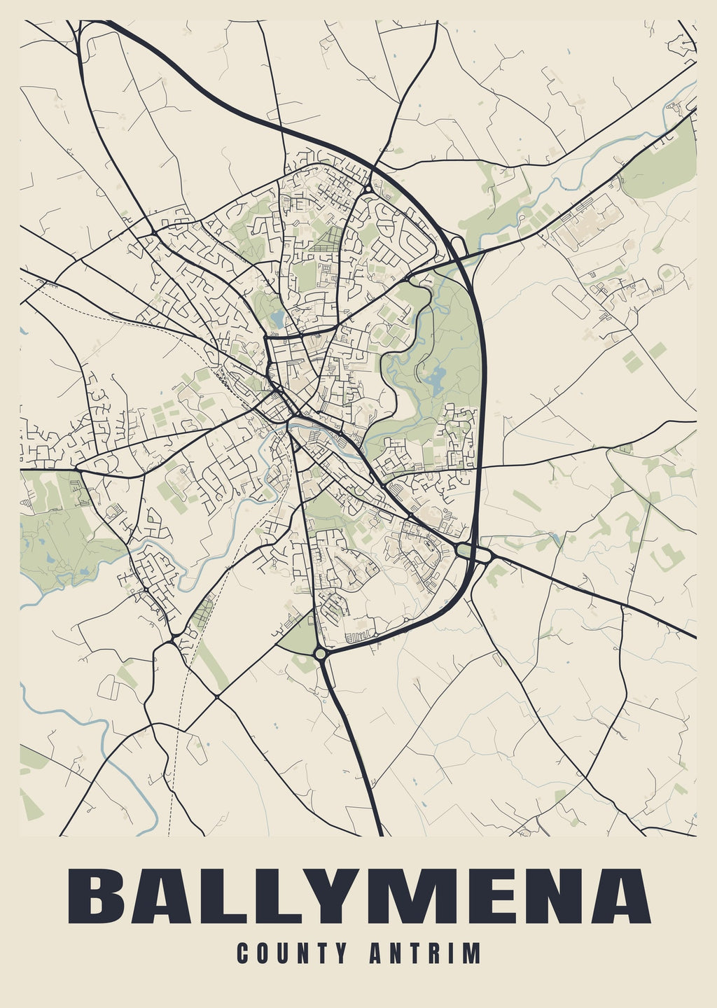 Street map poster of Ballymena, County Antrim