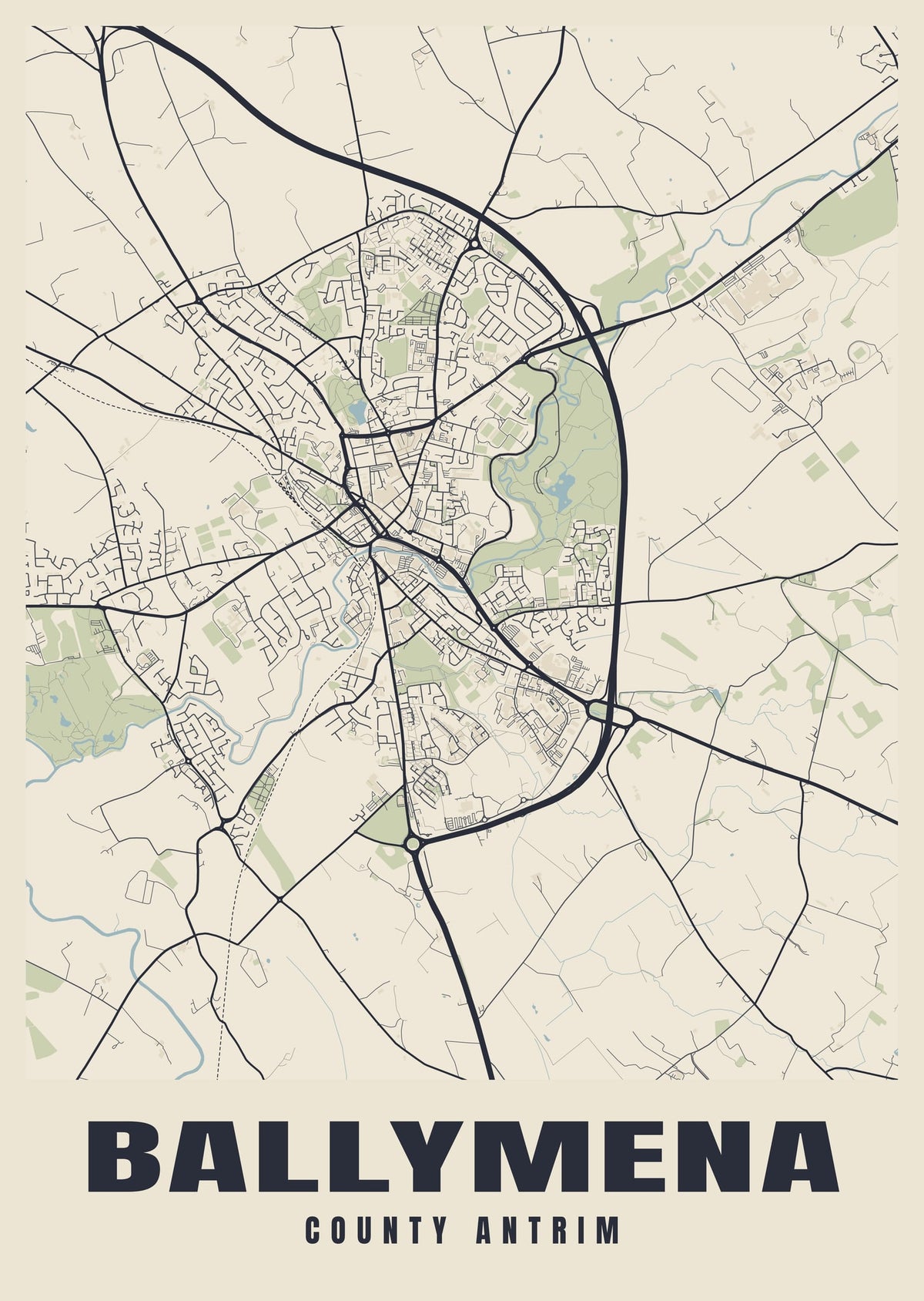 Street map poster of Ballymena, County Antrim