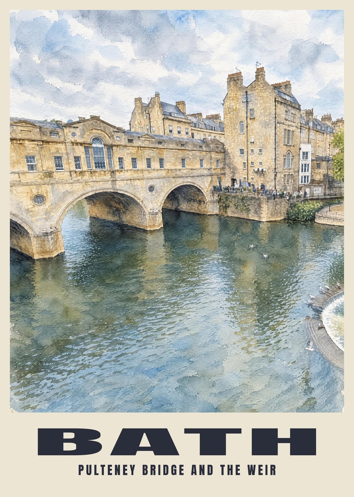 Pulteney Bridge, Bath poster, English Watercolour style