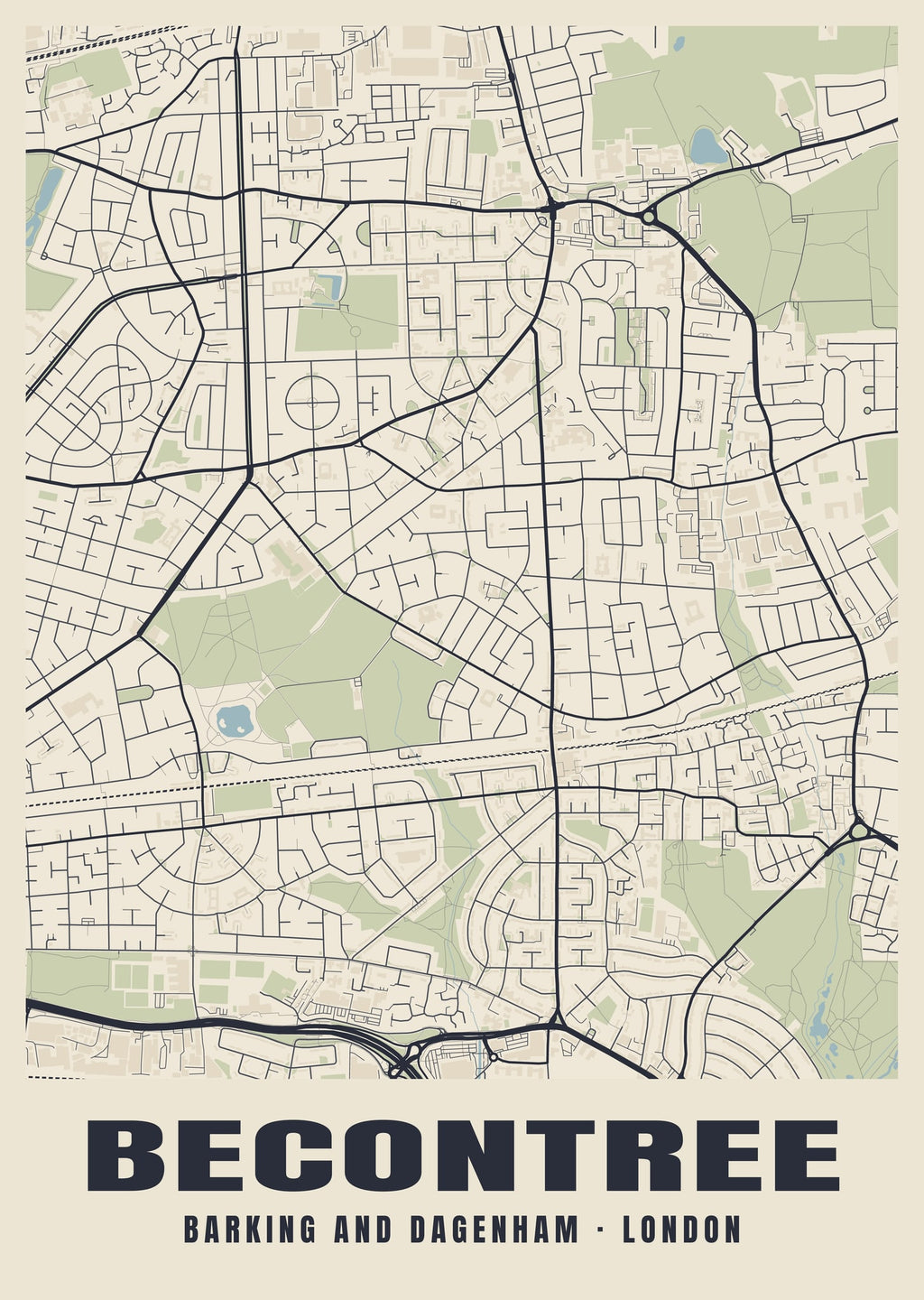 Heritage street map poster of Becontree, Barking and Dagenham, London