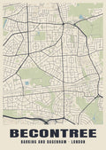Heritage street map poster of Becontree, Barking and Dagenham, London