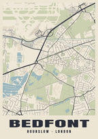 Heritage street map poster of Bedfont, Hounslow, London
