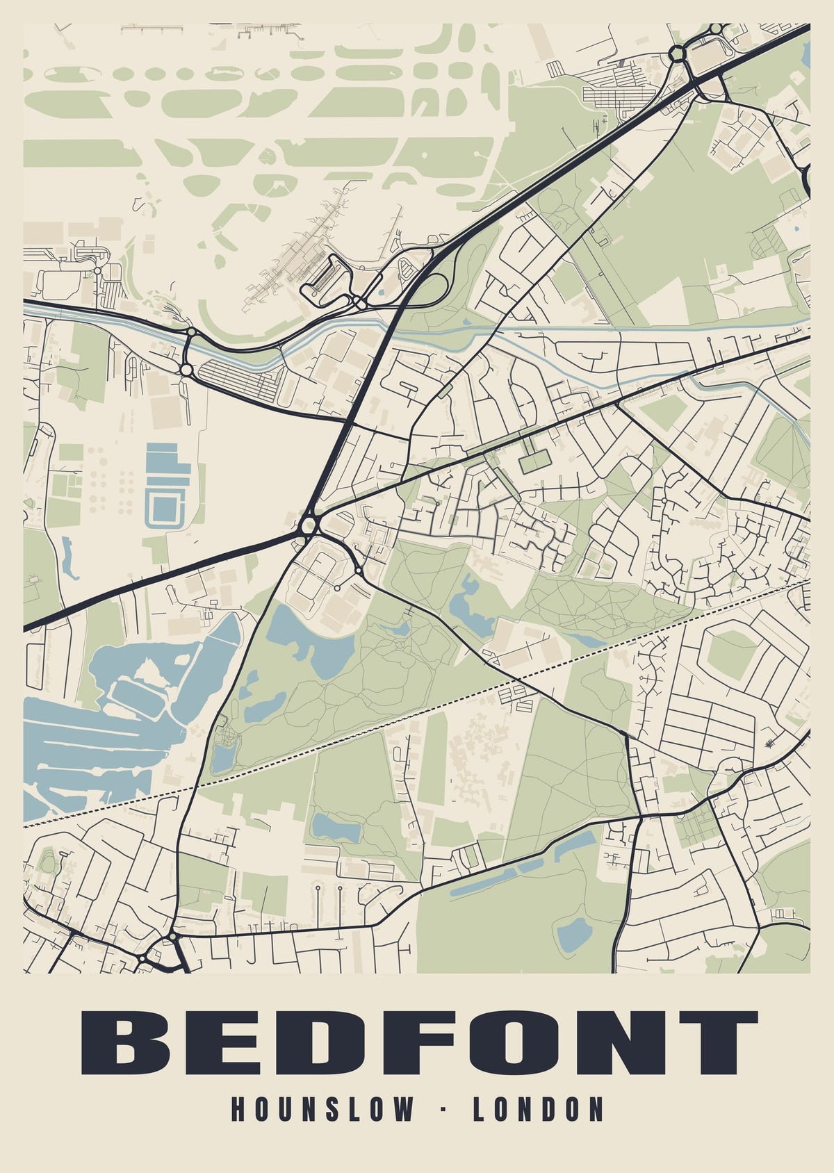 Heritage street map poster of Bedfont, Hounslow, London